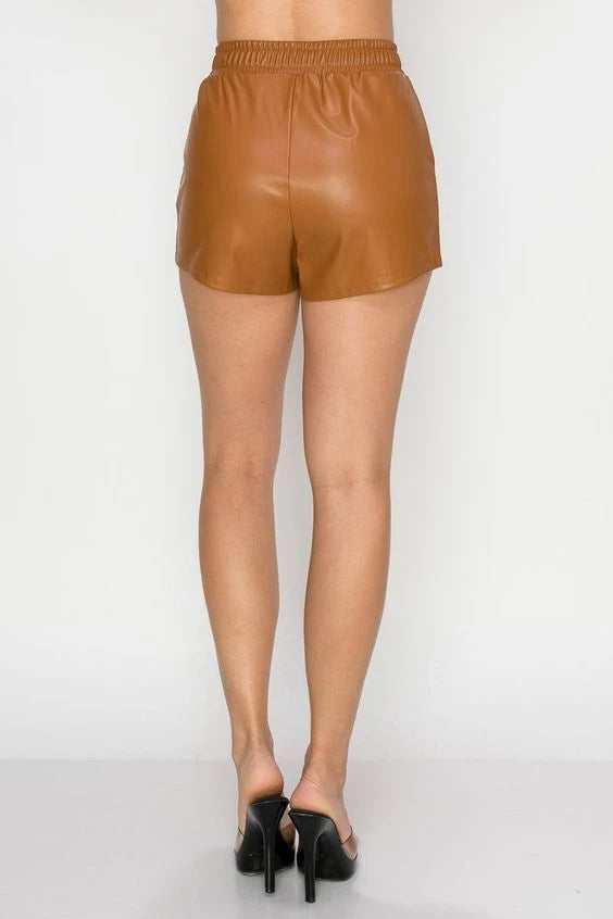 Women's Camel Original Leather Shorts - Drawstring Waist Relaxed Fit Shorts