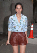 Women's Burgundy Original Leather Shorts - High-Waisted Shorts with Contrast Stitching