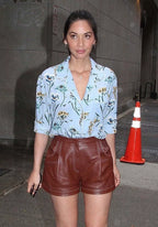Women's Burgundy Original Leather Shorts - High-Waisted Shorts with Contrast Stitching