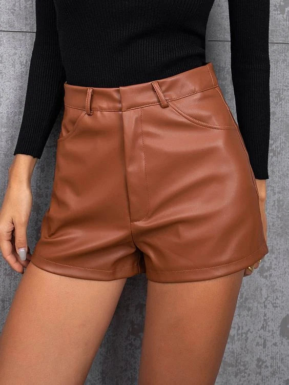 Women's Cognac Original Leather Shorts - High-Waisted Shorts with Contrast Stitching