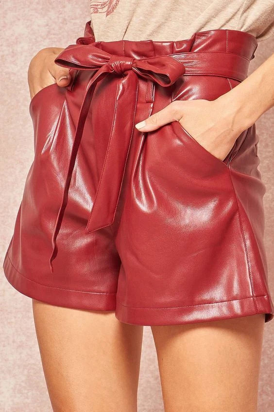 Women's Red Original Leather Shorts - High-Waisted Belted Shorts with Tie Detail