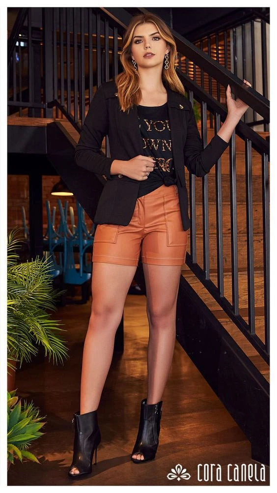 Women's Tan Original Leather Shorts - High-Waisted Cargo Shorts with Utility Pockets