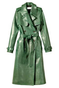 Green Original Leather Trench Coat - Belted Double-Breasted Premium Long Coat for Women