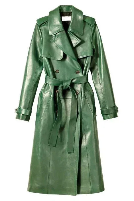 Green Original Leather Trench Coat - Belted Double-Breasted Premium Long Coat for Women