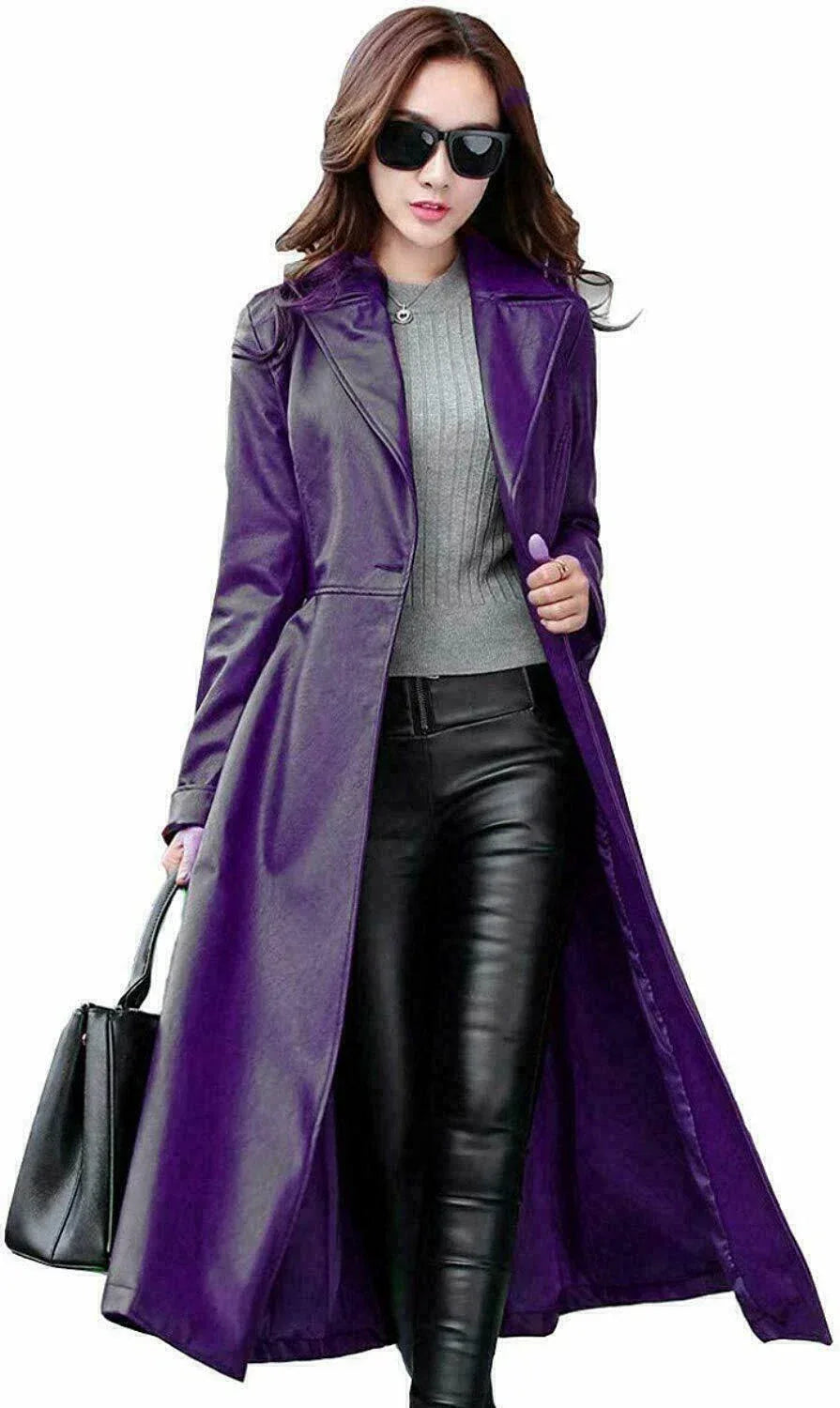 Purple Original Leather Coat - Premium Long A-Line Trench Coat for Women