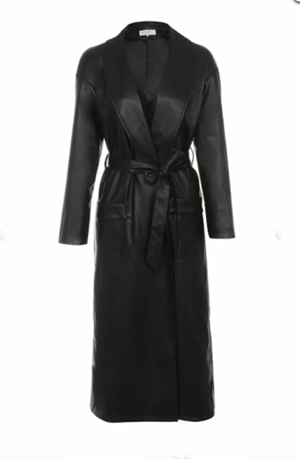 Black Original Leather Robe Coat - Belted Premium Wrap Duster Coat for Women