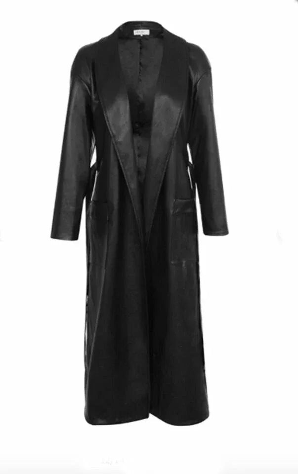 Black Original Leather Robe Coat - Belted Premium Wrap Duster Coat for Women