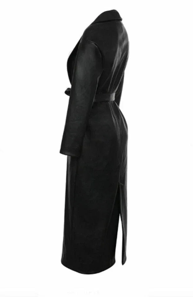 Black Original Leather Robe Coat - Belted Premium Wrap Duster Coat for Women