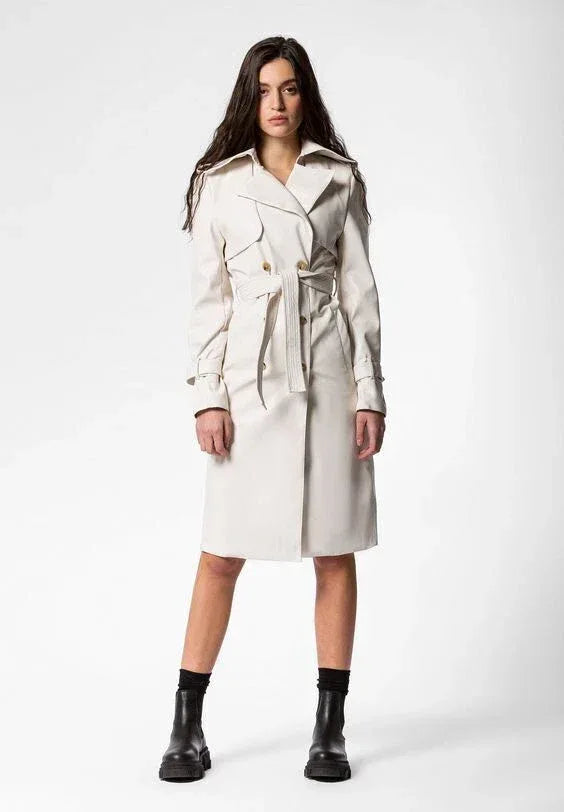 White Original Leather Trench Coat - Belted Double-Breasted Premium Coat for Women