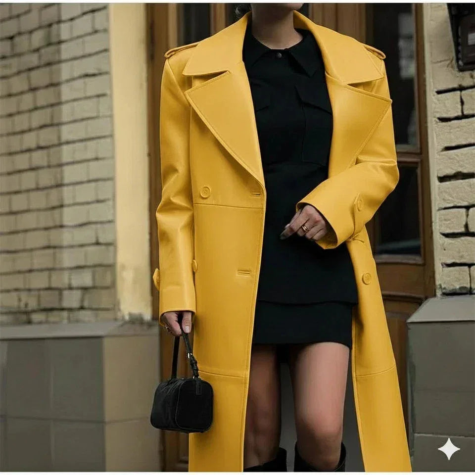 Yellow Original Leather Coat - Long Double-Breasted Statement Coat for Women