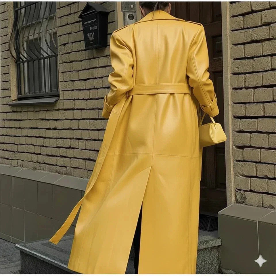 Yellow Original Leather Coat - Long Double-Breasted Statement Coat for Women