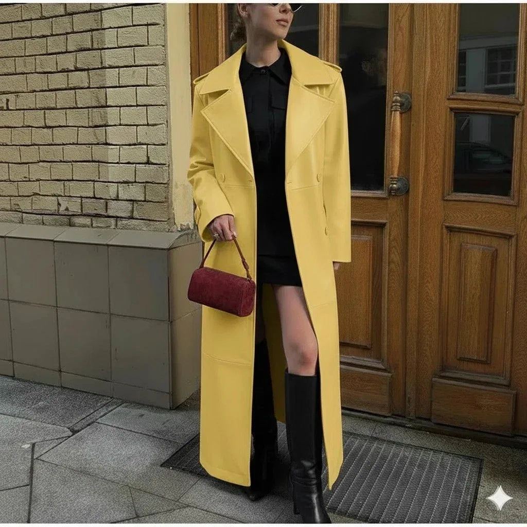 Yellow Original Leather Coat - Long Double-Breasted Statement Coat for Women