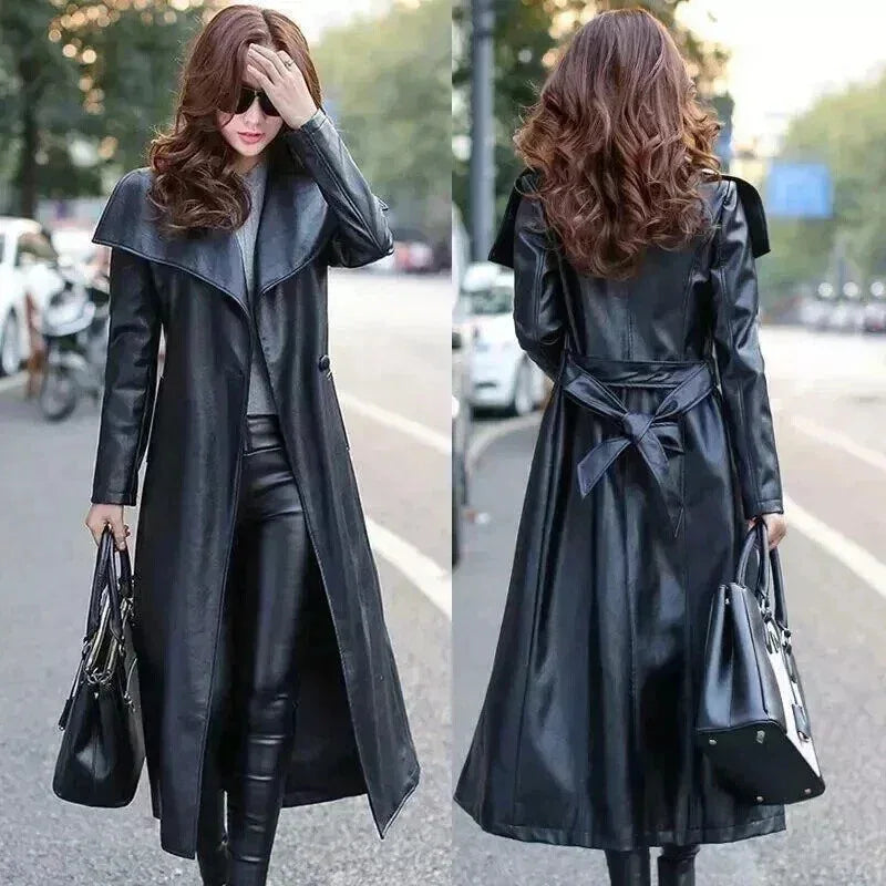 Black Original Leather Coat with Wide Collar - Belted A-Line Premium Trench for Women
