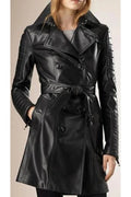Black Original Leather Trench Coat with Quilted Sleeves - Belted Double-Breasted Coat for Women