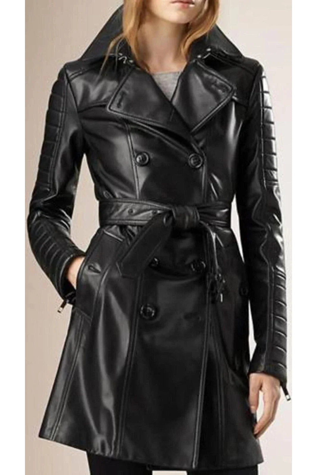 Black Original Leather Trench Coat with Quilted Sleeves - Belted Double-Breasted Coat for Women