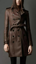 Brown Original Leather Trench Coat with Quilted Sleeves - Belted Double-Breasted Premium Coat for Women