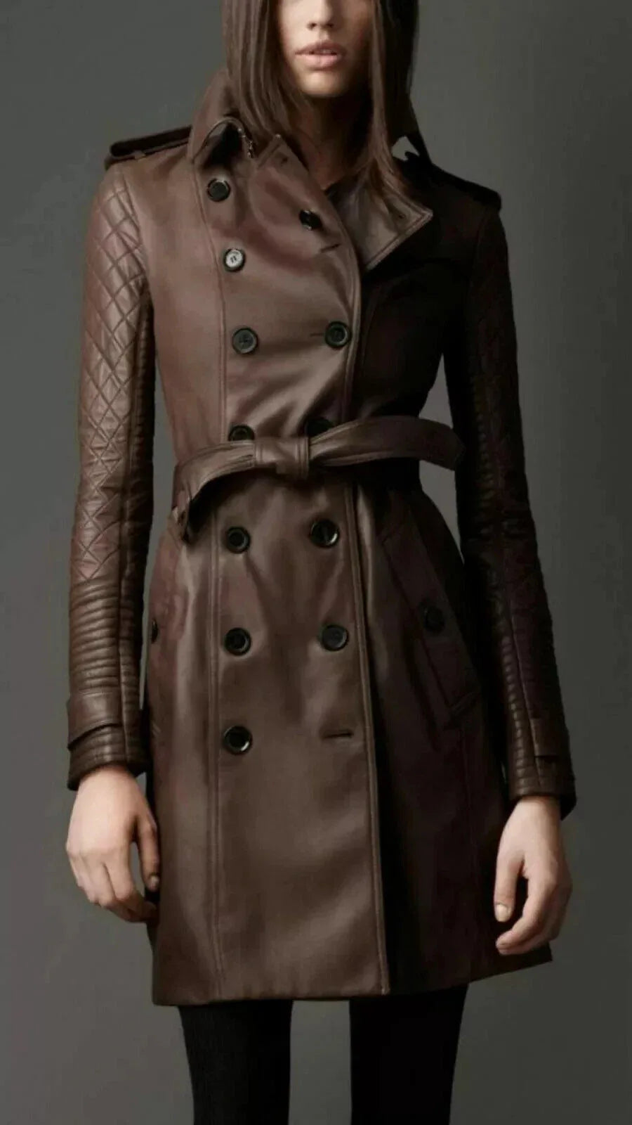 Brown Original Leather Trench Coat with Quilted Sleeves - Belted Double-Breasted Premium Coat for Women