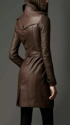 Brown Original Leather Trench Coat with Quilted Sleeves - Belted Double-Breasted Premium Coat for Women