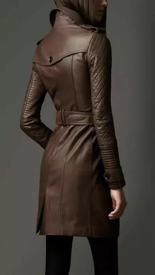 Brown Original Leather Trench Coat with Quilted Sleeves - Belted Double-Breasted Premium Coat for Women
