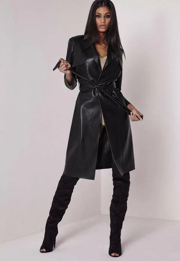 Black Original Leather Wrap Coat - Belted Long Duster Premium Coat for Women