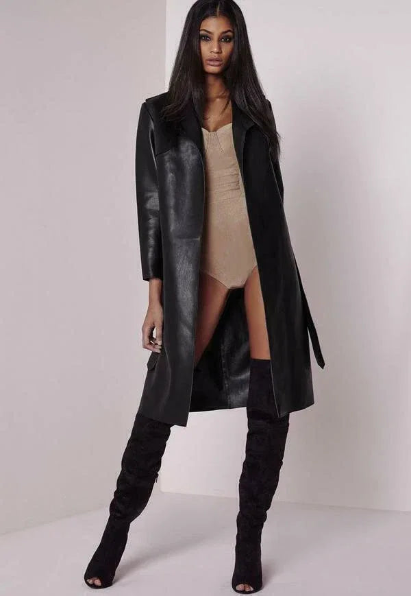 Black Original Leather Wrap Coat - Belted Long Duster Premium Coat for Women