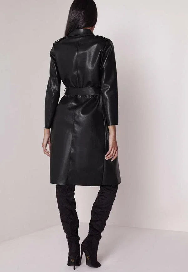 Black Original Leather Wrap Coat - Belted Long Duster Premium Coat for Women