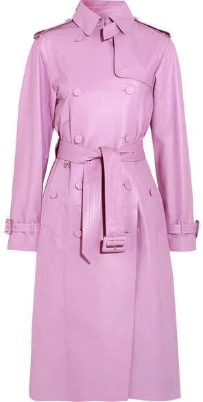 Pink Original Leather Trench Coat - Belted Double-Breasted Premium Coat for Women