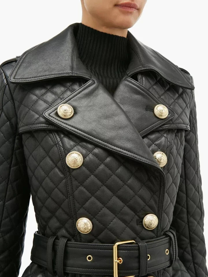 Black Quilted Original Leather Trench Coat with Gold Hardware - Belted Double-Breasted Premium Coat for Women