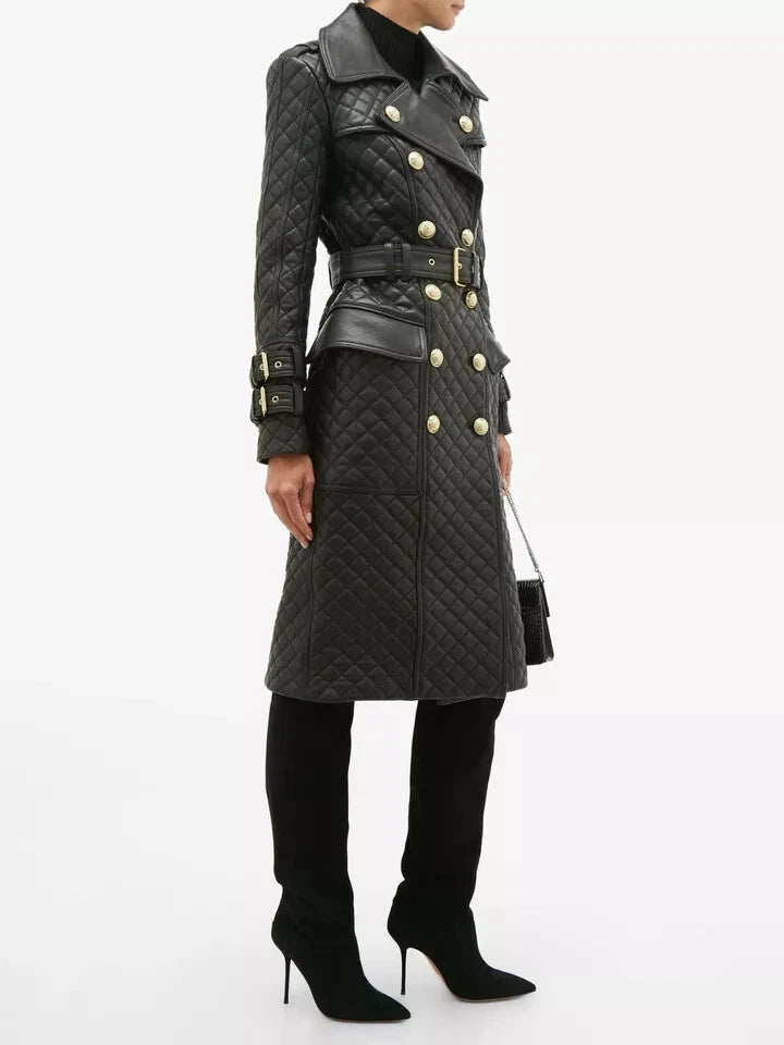 Black Quilted Original Leather Trench Coat with Gold Hardware - Belted Double-Breasted Premium Coat for Women
