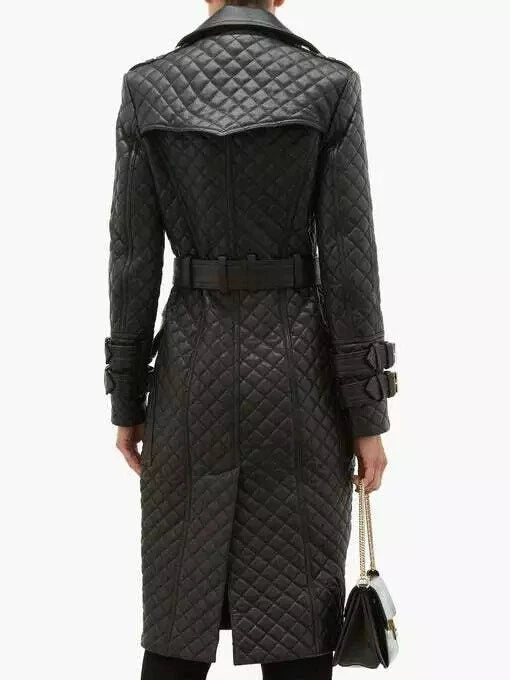 Black Quilted Original Leather Trench Coat with Gold Hardware - Belted Double-Breasted Premium Coat for Women