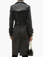 Black Quilted Original Leather Trench Coat with Gold Hardware - Belted Double-Breasted Premium Coat for Women