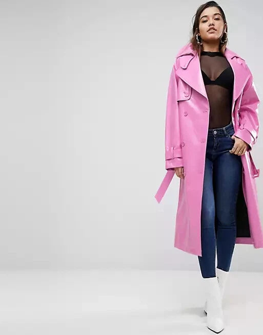 Women's Original Pink Full-Grain Leather Trench Coat – Handcrafted Double-Breasted Premium Long Coat