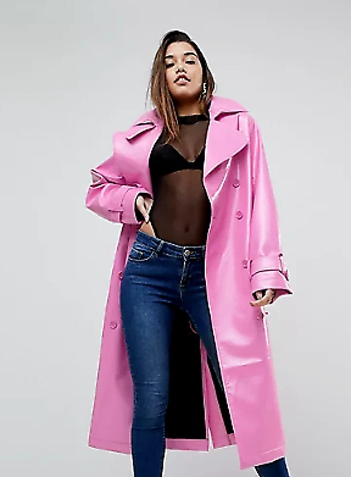 Women's Original Pink Full-Grain Leather Trench Coat – Handcrafted Double-Breasted Premium Long Coat