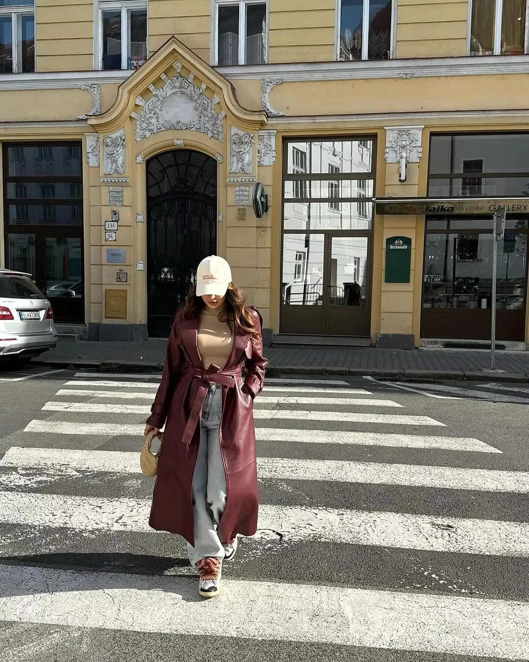 Women's Original Burgundy Full-Grain Leather Trench Coat – Handcrafted Double-Breasted Premium Long Coat