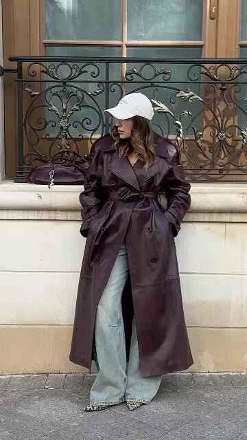 Women's Original Burgundy Full-Grain Leather Trench Coat – Handcrafted Double-Breasted Premium Long Coat