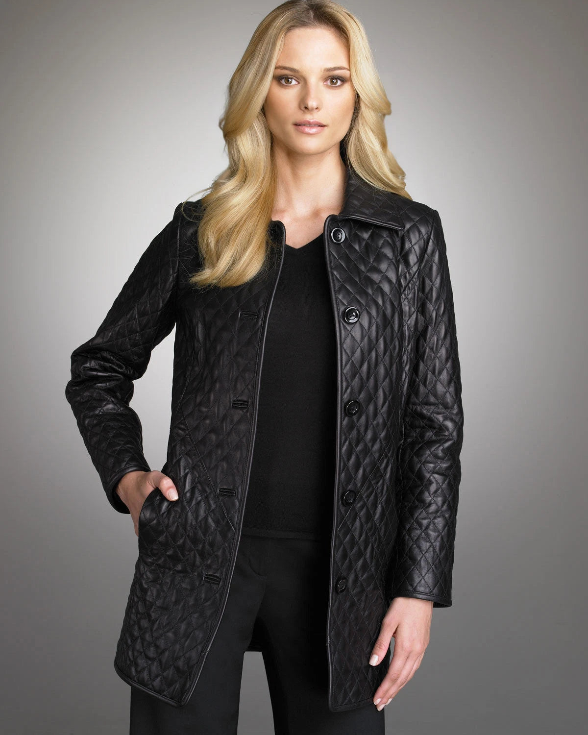 Women's Original Black Quilted Leather Coat – Handcrafted Diamond-Stitched Premium Long Jacket