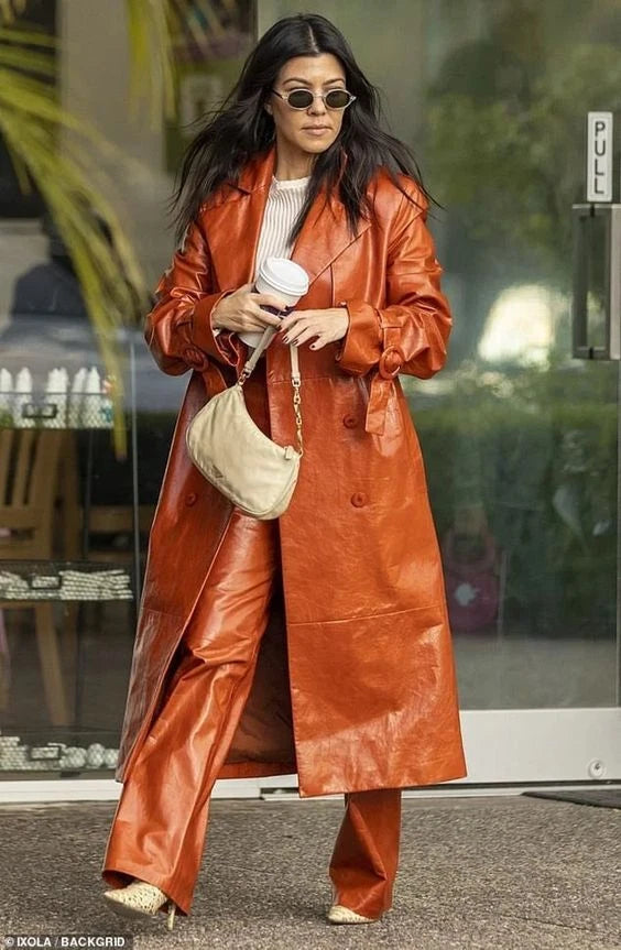 Women's Original Burnt Orange Full-Grain Leather Trench Coat – Handcrafted Double-Breasted Long Coat