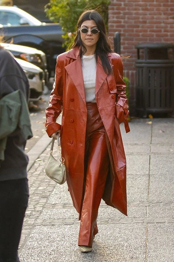 Women's Original Burnt Orange Full-Grain Leather Trench Coat – Handcrafted Double-Breasted Long Coat