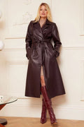 Women's Deep Burgundy Full-Grain Original Leather Trench Coat – Handcrafted Belted Premium Long Coat