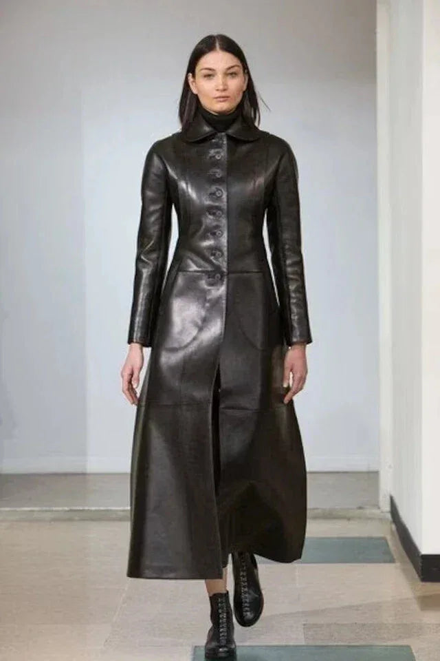 Women's Original Black Full-Grain Leather Coat Dress – Handcrafted Premium Long Button-Front Coat