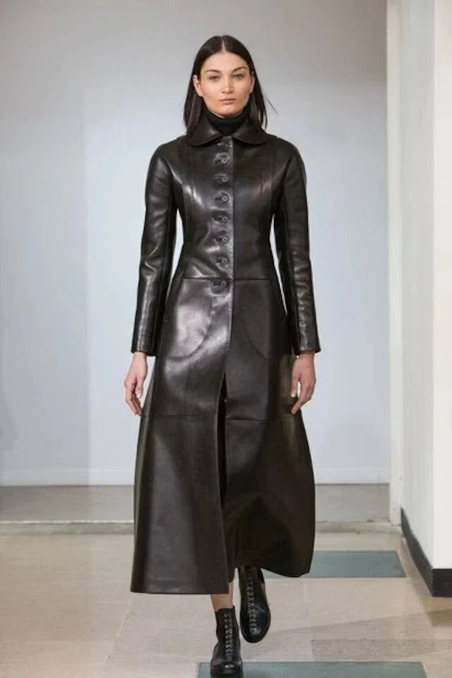Women's Original Black Full-Grain Leather Coat Dress – Handcrafted Premium Long Button-Front Coat