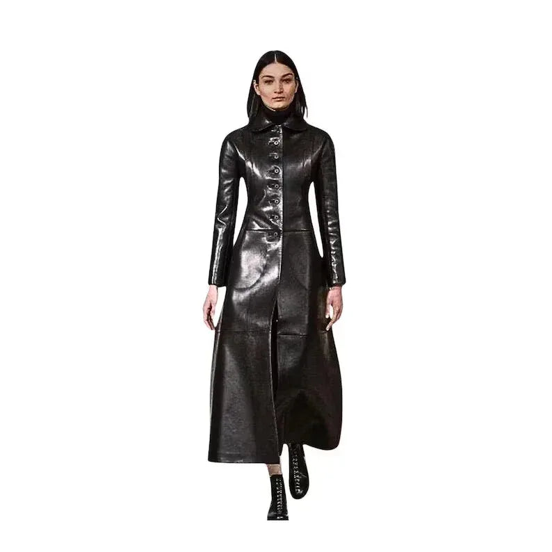 Women's Original Black Full-Grain Leather Coat Dress – Handcrafted Premium Long Button-Front Coat