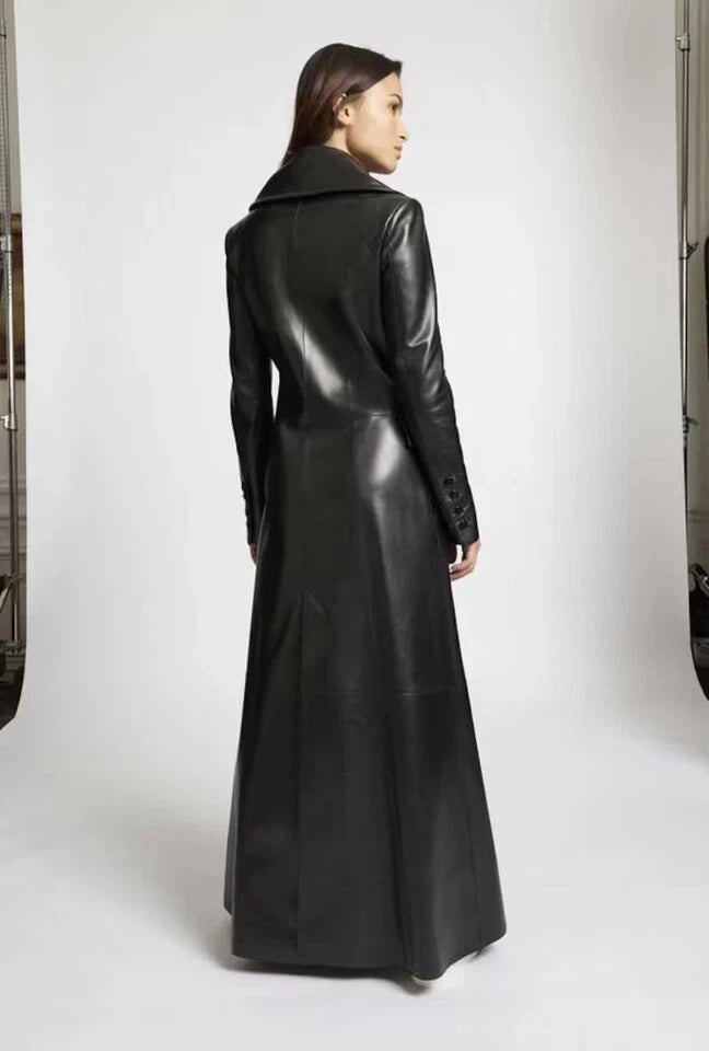 Women's Original Black Full-Grain Leather Coat Dress – Handcrafted Premium Long Button-Front Coat