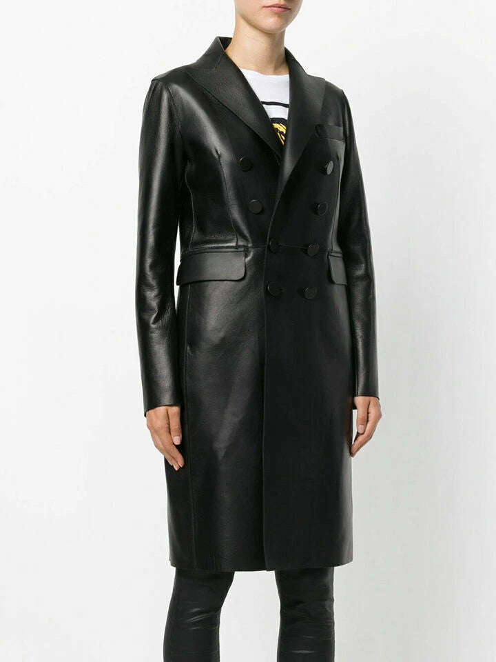 Women's Original Black Full-Grain Leather Double-Breasted Coat – Handcrafted Premium Long Coat
