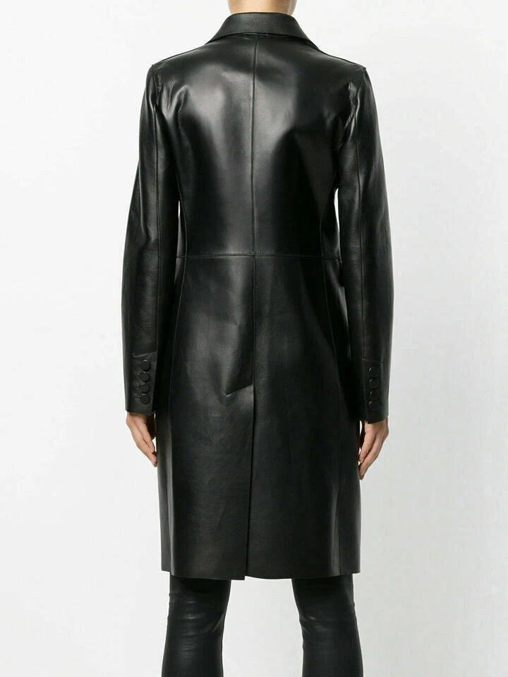 Women's Original Black Full-Grain Leather Double-Breasted Coat – Handcrafted Premium Long Coat