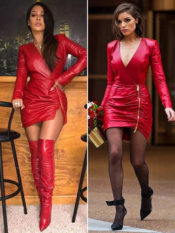 Red Original Leather Dress - Long Sleeve Mini with Wrap Detail and Ruched Sides