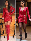 Red Original Leather Dress - Long Sleeve Mini with Wrap Detail and Ruched Sides