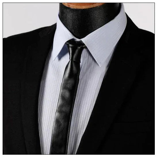 Premium Black Original Leather Skinny Necktie - Full-Grain Leather Modern Accessory
