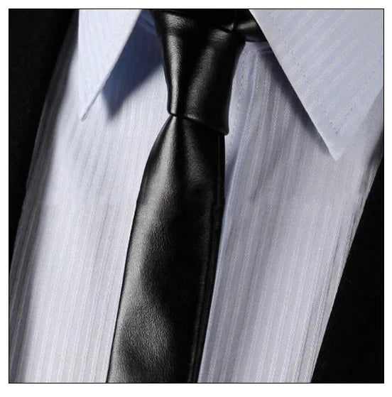 Premium Black Original Leather Skinny Necktie - Full-Grain Leather Modern Accessory