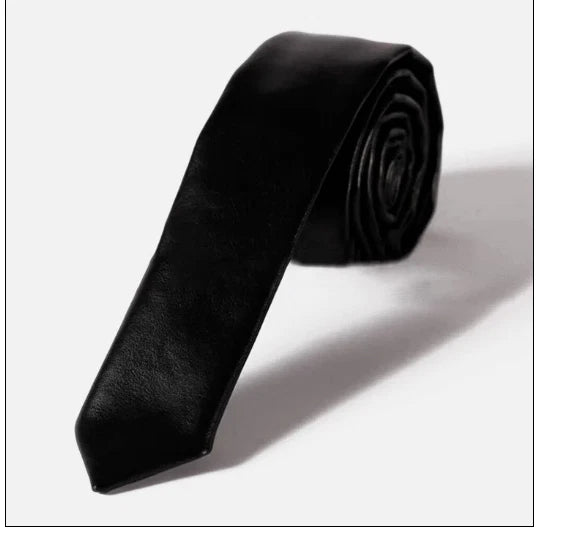 Premium Black Original Leather Skinny Necktie - Full-Grain Leather Modern Accessory